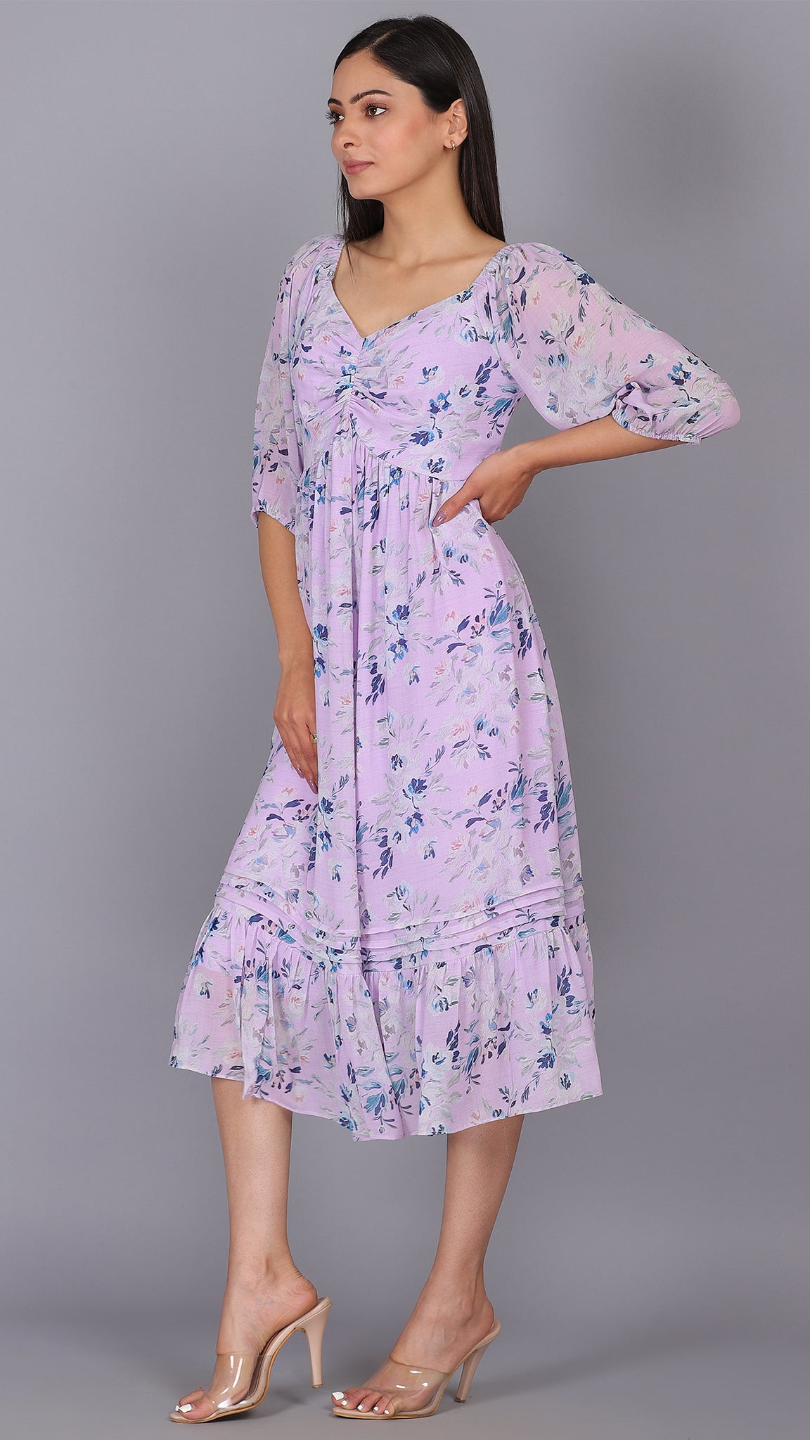 Front detailed lavender midi dress for ...